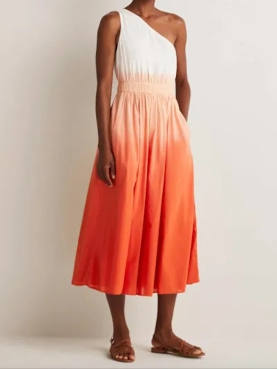 Boden Dresses & Skirts - Boden Cotton One-Shoulder Ombre Midi Dress in White and Orange Size 10
